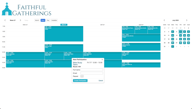 Example of a SuperSaaS schedule on a computer for church activities