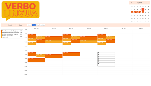 Example of a SuperSaaS schedule on a computer for language schools