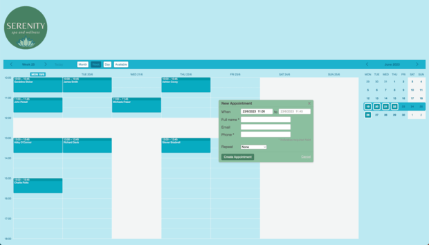 Example of a SuperSaaS schedule on a computer for spa & wellness