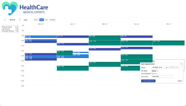 Example of a SuperSaaS schedule on a computer for medical services
